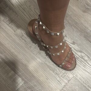 Elegant Tan and Silver Heels with Studded Straps